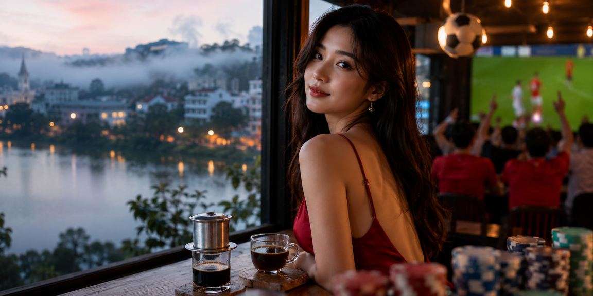 Người dùng ngồi quán cà phê Đà Lạt xem kèo bóng đá và nhập mã voucher trên điện thoại