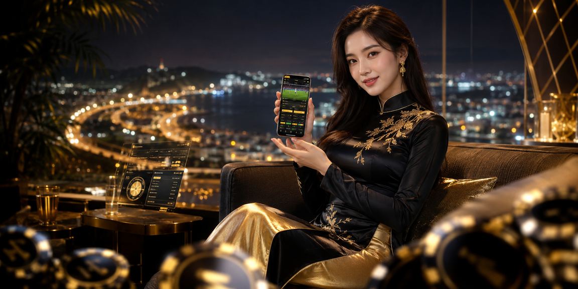 Cô gái mặc áo dài Đà Lạt chơi casino trên điện thoại di động trong không gian lãng mạn