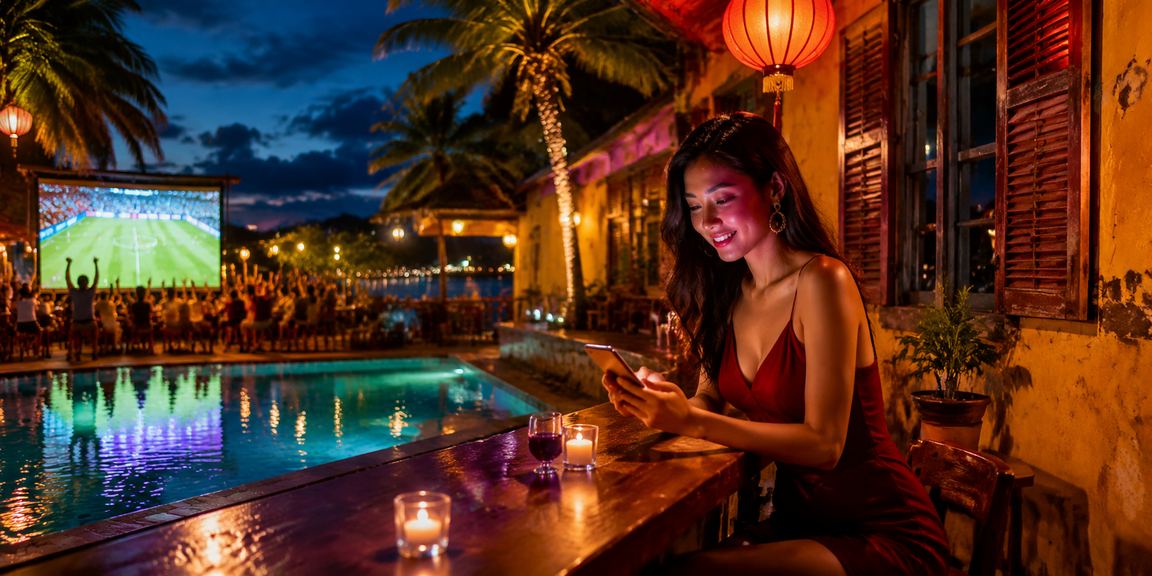Người chơi thư giãn với điện thoại trong không gian giải trí tại Hội An về đêm